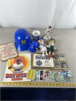 Brewers baseball plastic hats, score book, card
