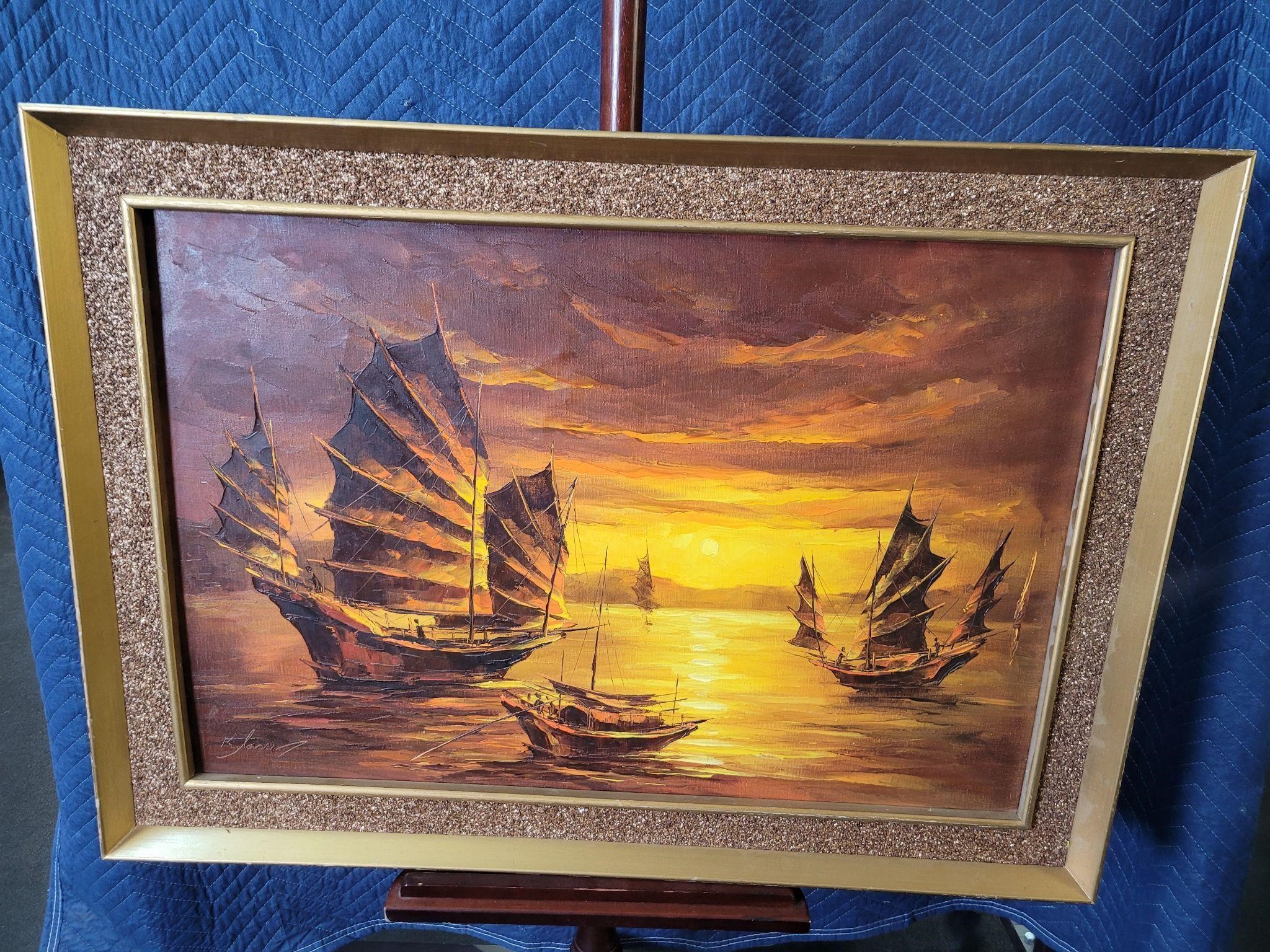 Signed Oil on Canvas Sunset Boats