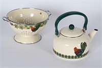 Painted Vegetable Strainer, Enameled Teapot