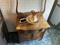 Oak Commode with Pitcher and Bowl