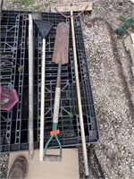 Yard Tool Lot - Push Broom, Shovel, Small Rake,