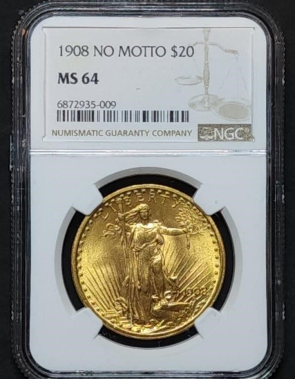 1908 No Motto $20 St Gaudens NGC MS64!