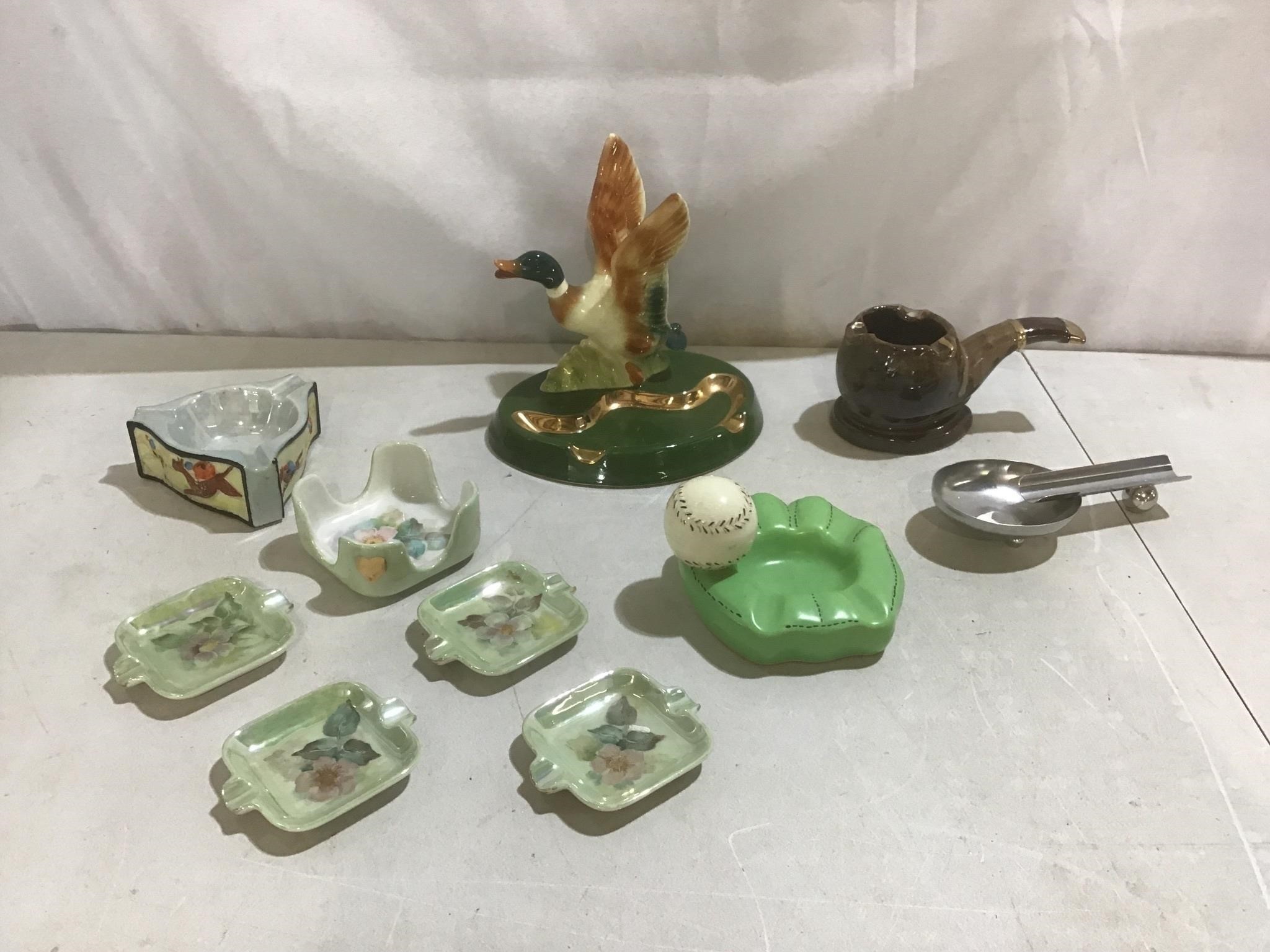 Vintage ashtrays, glass, metal, pottery