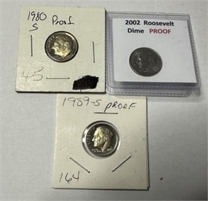 1980-S, 2002 Proof, and 1989-S Roosevelt Dimes