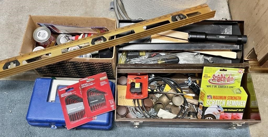 Toolbox and contents, stains and glue, etc.