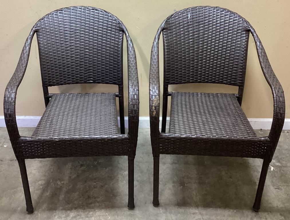 PAIR OF BROWN WICKER PATIO CHAIRS