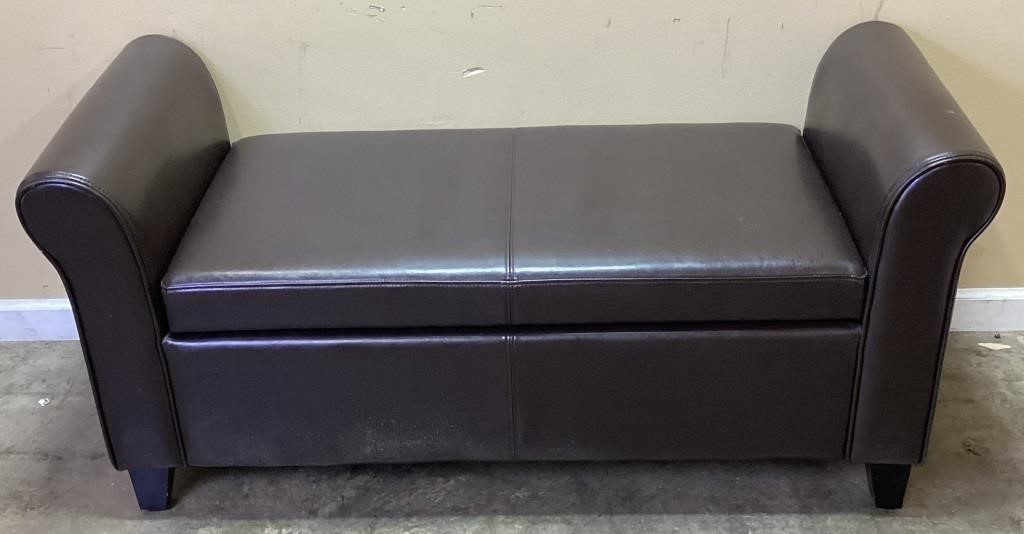 FAUX BROWN LEATHER STORAGE BENCH