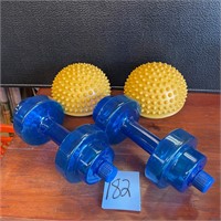 yoga balls and dumbbell shaped water bottles