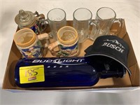 FLAT W/ STEINS, GLASS BUD LIGHT BOTTLE, BUSCH HAT