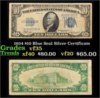 1934 $10 Blue Seal Silver Certificate Grades vf++