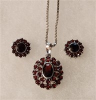 24" Sterling Silver Red Stone Necklace & Earrings