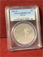 1991-P US SILVER KOREAN WAR COMMEM. $1 PCGS PR69