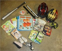 lot w/books, baseball bat & cards, bike helmets
