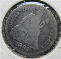 1891 Seated liberty silver dime.