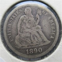 1890 Seated liberty silver dime.