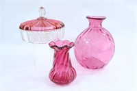 Cranberry Blown Glass Vases & Lidded Contianer