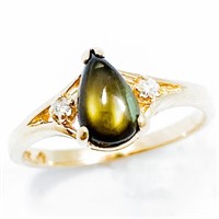 Green Sapphire Cabochon & Diamond 10k Gold Ring