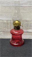 Small Cranberry Blown Glass Oil Lamp 9.25" Tall