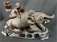 Chinese Carved Wooden Buffalo & Man Candleholder