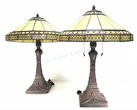 Pair Arts & Crafts Style Slag Glass Table Lamps