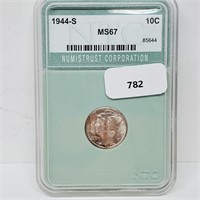 NTC 1944-S MS67 90% Silver Mercury Dime