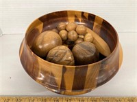 Wooden Carved Bowl w/Carved Wooden Fruit (9" diam)