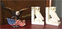Set of Owl Bookends and Statue of Eagle With USA F