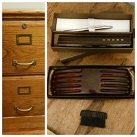 Wooden File Cabinet,  Pen, and Lint Remover