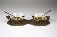 CHINESE REPUBLICAN ENAMEL CUPS WITH SILVER SAUCERS