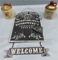 Whiskey Jugs & Metal Fortune Sign