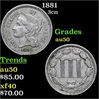 1881 Three Cent Copper Nickel 3cn Grades AU, Almos