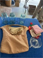 3 blue ball jars, clothes pins & holder & juicer