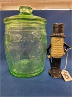 Cast Iron Mr. Peanut & Glass Planters Peanuts Jar