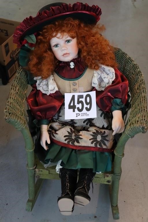 Numbered Porcelain Doll in a Vintage Wicker