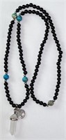 Blk Onyx/Turquoise Beaded Necklace/Crystal Pendant