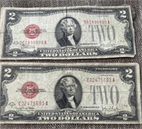 (2) 1928 red seal two dollar bills