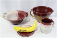 4 Pieces of Signed Burgundy Pottery Art Stoneware