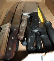 tray lot -10 asstd size sharp knives, cleaver, 2