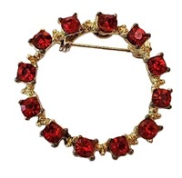 GORGEOUS VTG GOLD RUBY RED CRYSTAL BROOCH