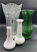 4 Glass Vases: Hobnail Milk Glass, Cut Crystal, &
