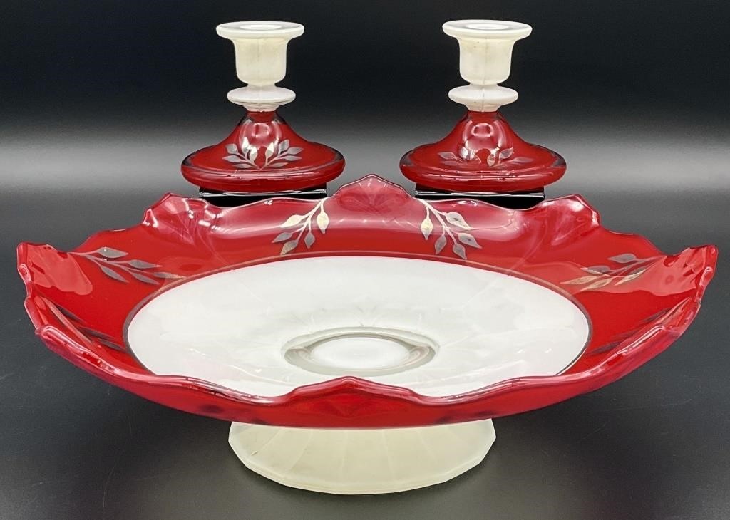 Art Deco Indiana Glass Red & White Console Set