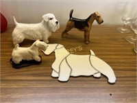 3 Dog Figurines & Dog Window Hanging