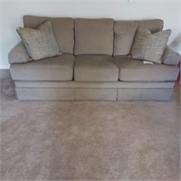 82” Wheat Colored Fabric Sofa, 2 accent pillows