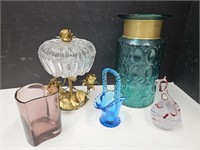 Aqua Bubble Vase 10" Tall, Compote, Glass Basket+