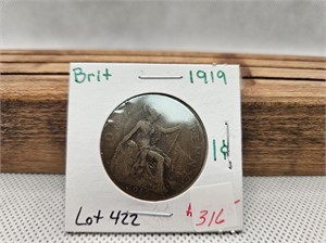 1919 1 ONE PENNY BRITISH COIN