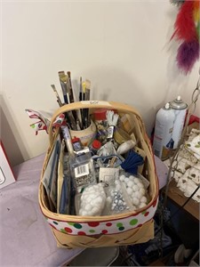 Basket of sewing items, scissors, buttons, pens,