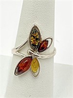 Sterling Silver Amber Multi Color Butterfly Ring