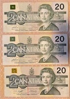 3 Bank Notes – Bank of Canada 1991 $20 Bank Notes