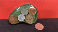 Resin paperweight with 5 coins