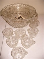 Cut Glass Punch Bowl & 8 Cups/Hooks